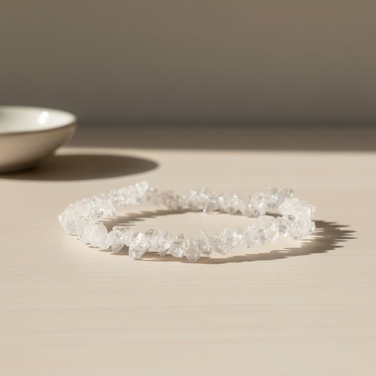 Armbånd lavet af klare krystaller placeret på en lys træbordplade med en mat skål i baggrunden.