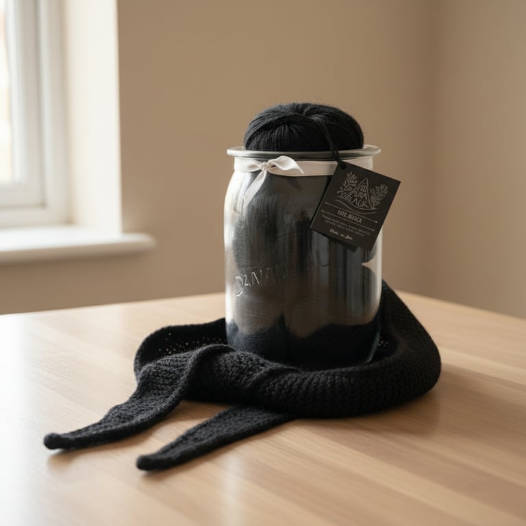 Glaskrukke med sort garn og sort strikket tørklæde, placeret på et lyst bord ved vindue.