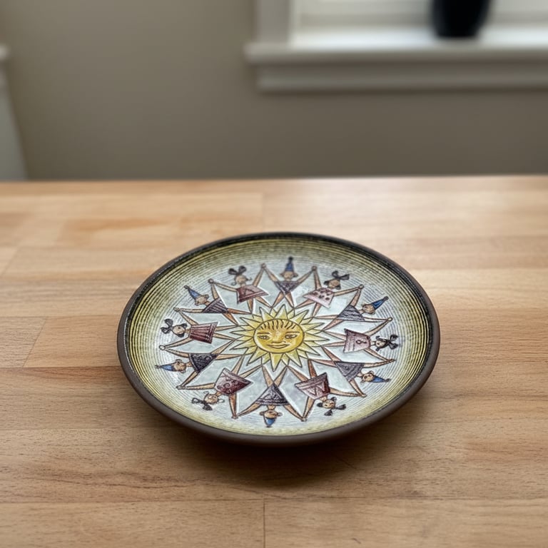 Rund keramikfadet med et dekorativt mønster af en sol i midten omringet af stiliserede figurer arrangeret i en cirkel, placeret på et lyst træbord.