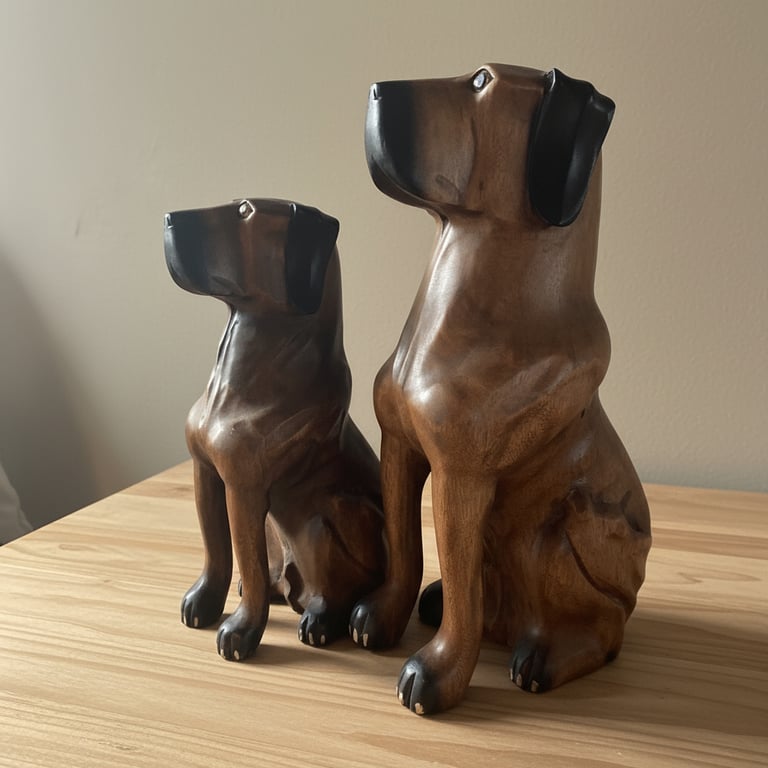 To træfigur-hunde i mørkt, glat træ, siddende på et lyst træbord mod en beige væg.