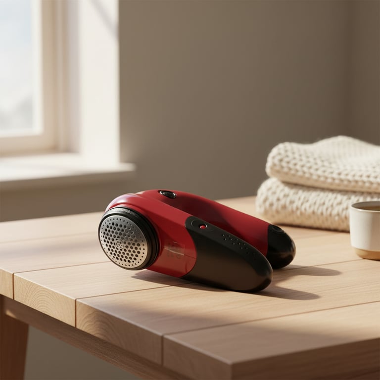 Rød og sort fnugfjerner på et lyst træbord med sammenfoldede hvide strikkede tekstiler og en kop i baggrunden.