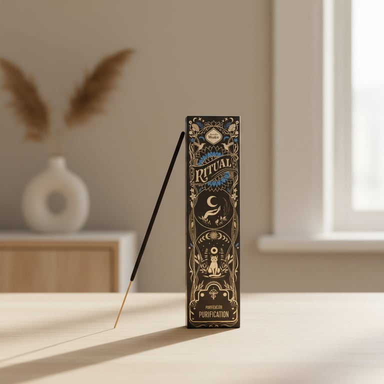 En pakke med røgelse mærket "Ritual Purification" står på et lyst bord med et brændende røgelsespind sat ind i pakken, baggrunden består af en sløret vase med tørret græs og et vindue.