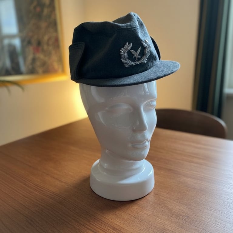 Porcelæns mannequinhoved med sort kasket med broderet emblem, placeret på træbord i oplyst rum.