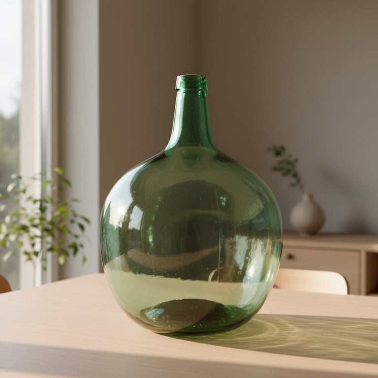 Stor, rund, grøn glasflaske placeret på et lyst træbord i et solbeskinnet rum med lyse vægge og dekorative planter i baggrunden.