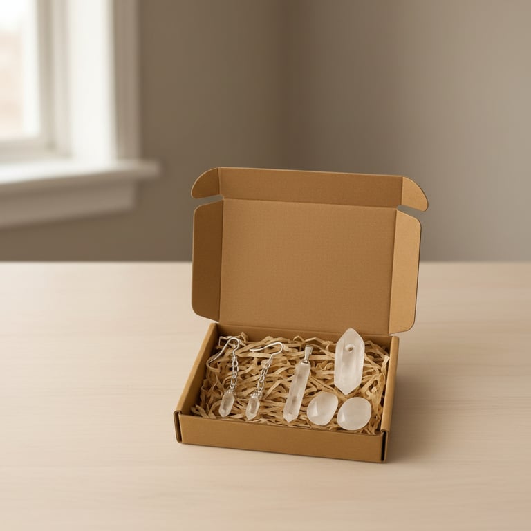 Åben papkasse med indpakket papirsstrimler, indeholdende vedhæng og smykker lavet af klare krystaller, placeret på et lyst bord ved vindue.