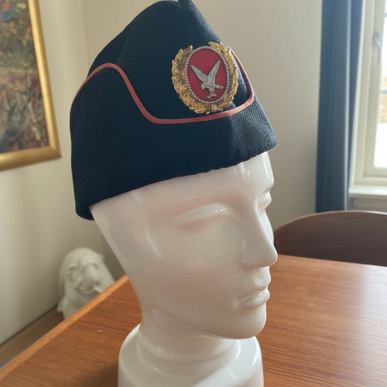 Sort militærhue med rød kantning og emblemlogo, placeret på en hvid mannequin-hoved, på et træbord i et rum med vindue.