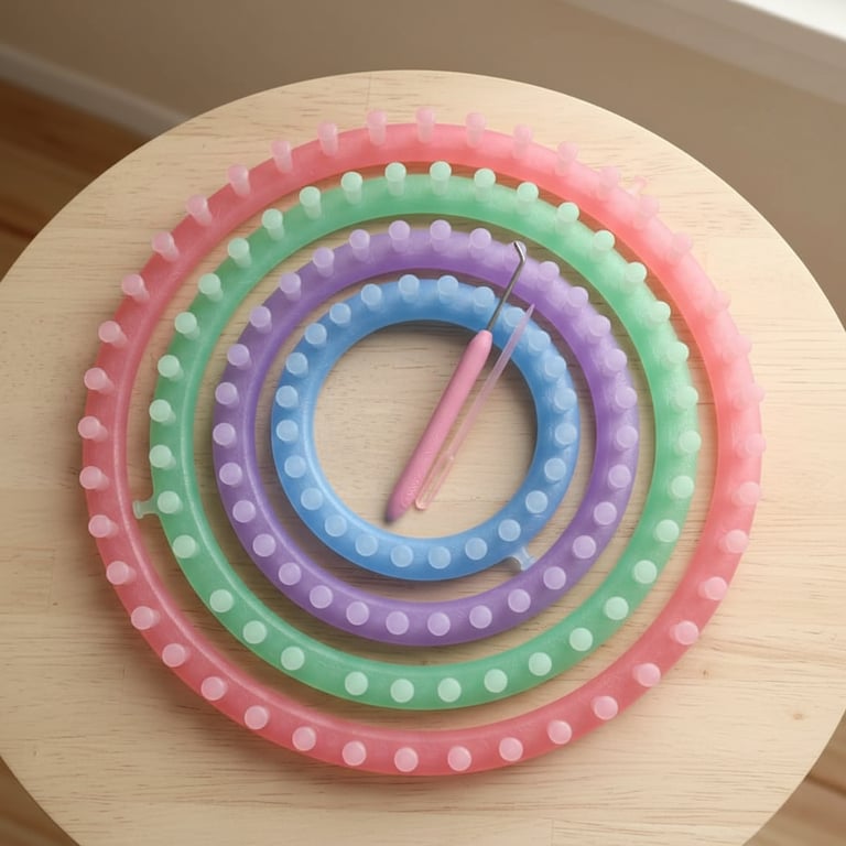 Fire runde plastikstrikkeringe i forskellige farver (lyserød, grøn, lilla og blå) stablet oven på hinanden på et lyst træbord med to strikkeværktøjer placeret i midten.