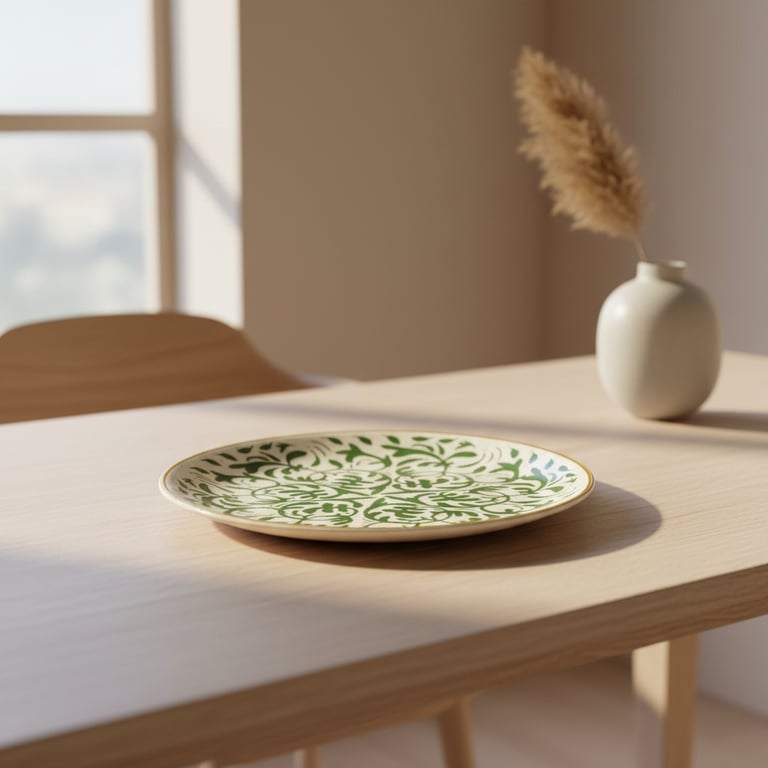 Tallerken med grønne mønstre på lyst træbord, ved siden af en hvid vase med tørret græs, sollys falder ind gennem vindue.