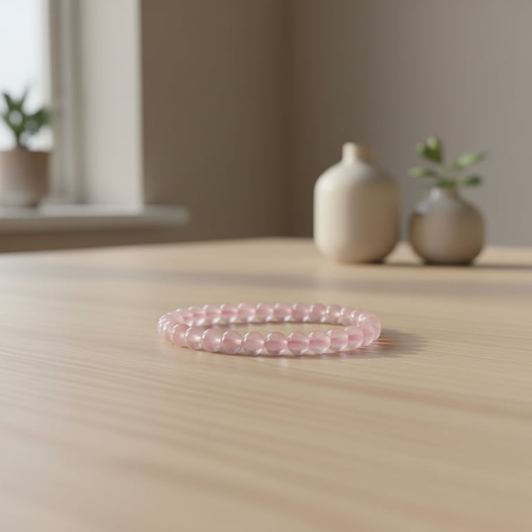 Rosa perlearmbånd lagt på et lyst træbord med slørede keramikvase og plante i baggrunden.