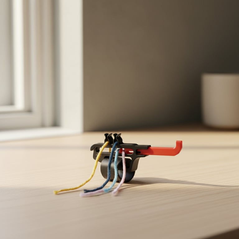 En plastisk holder med en rød krog og fire snore i forskellige farver (gul, mørkeblå, lyseblå og lyserød) ligger på en lys træbordplade tæt på et vindue.