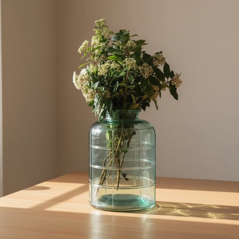 En grøn glasvase med blade og små hvide blomster placeret på et lyst trækøkkenbord i naturligt sollys.