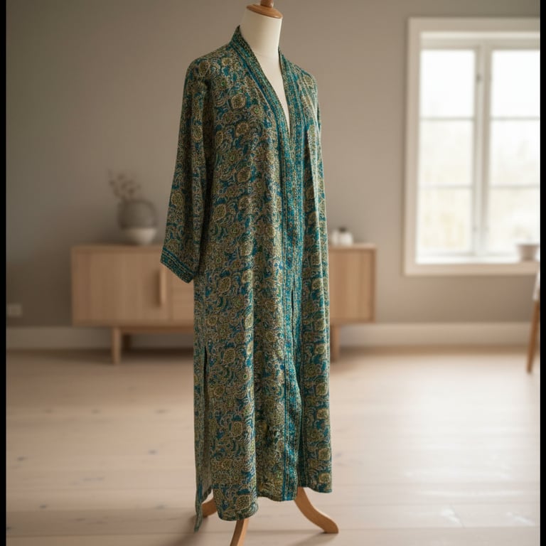 Lang kimono med mønster i grønne og blå nuancer, vist på en mannequin i et lyst rum med træmøbler og et vindue i baggrunden.