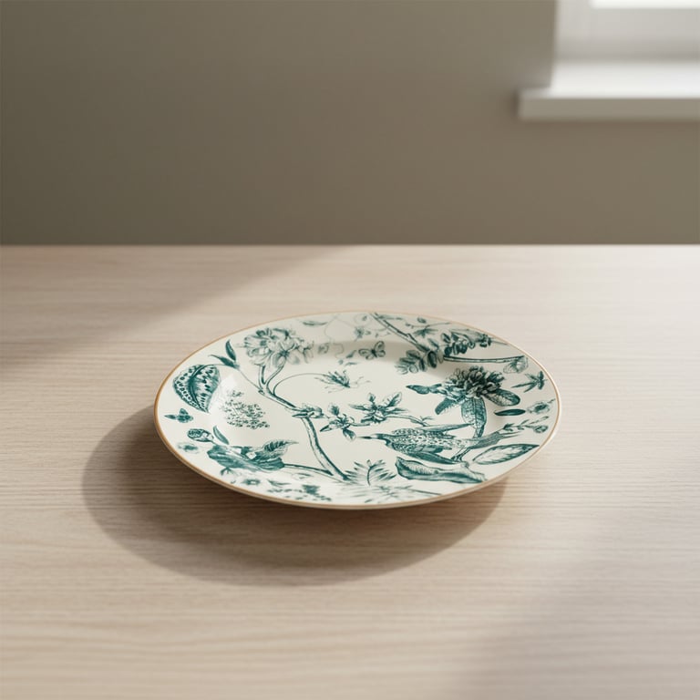 Tallerken med grønt blomstermønster placeret på lyst træbord i naturligt lys.