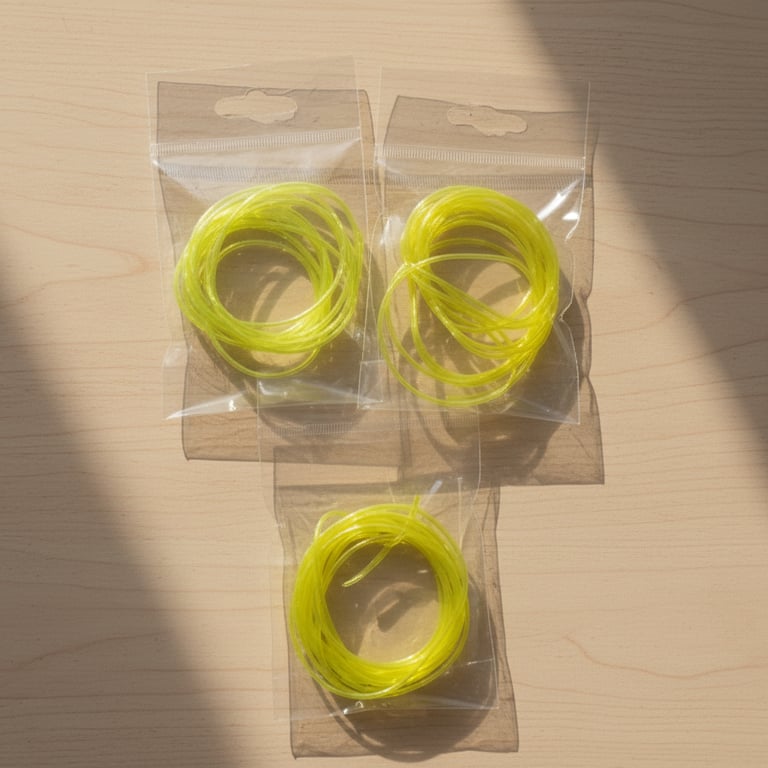 Tre pakker med gul snor, hver samlet i en cirkel og pakket i gennemsigtige plastikposer, liggende på et lyst trækulbord.