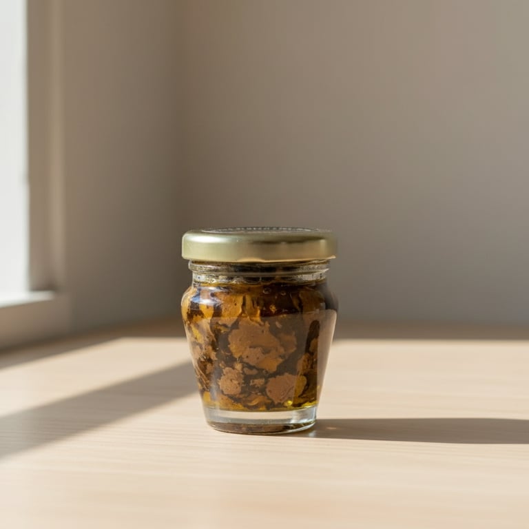 Lille glasbøtte med mørk olie og krydderier, stående på lyst bord ved vindue.