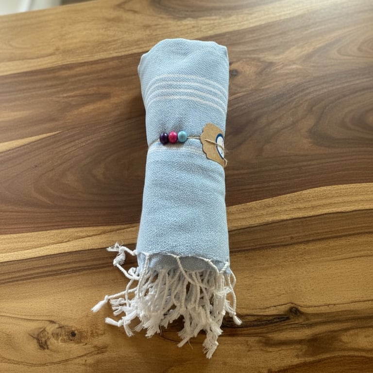 Rullet blåt håndklæde med hvide striber og frynser, pyntet med perler, ligger på træbord.