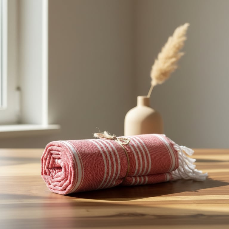 Rullet, rødt og hvidstribet tæppe bundet med snor på et træbord med en beige vase med tørret pampasgræs i baggrunden.