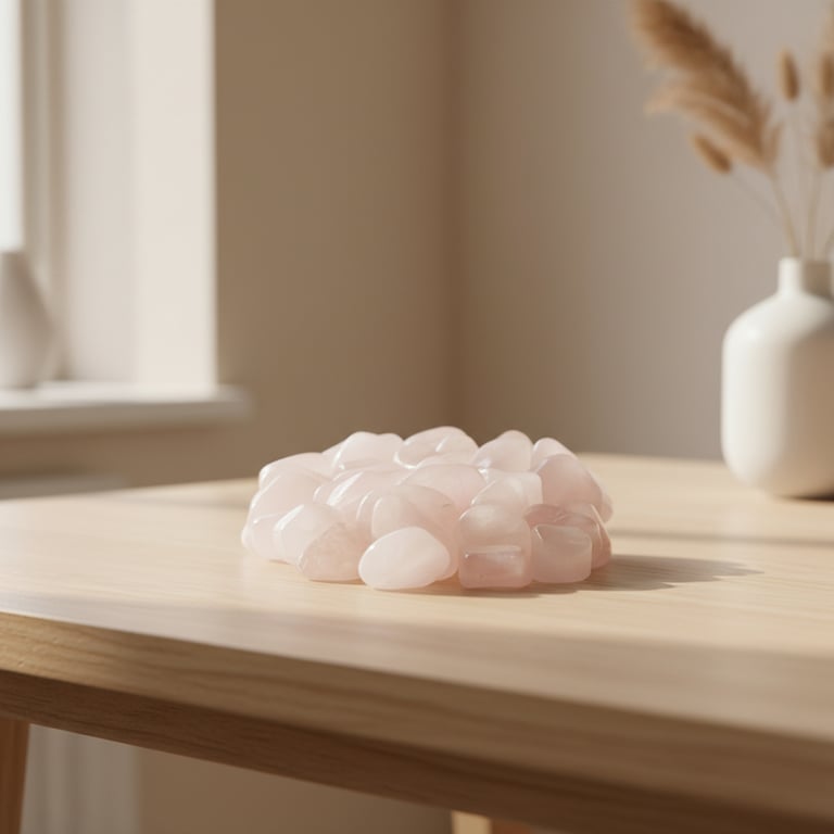 En samling af lyserøde kvartssten lagt på et lyst træbord med en vase med tørrede blomster i baggrunden.