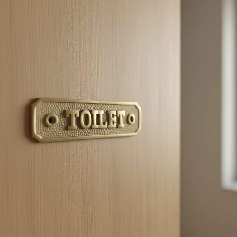 Skilt med teksten "TOILET" i guldmetal monteret på en lysebrun dør.