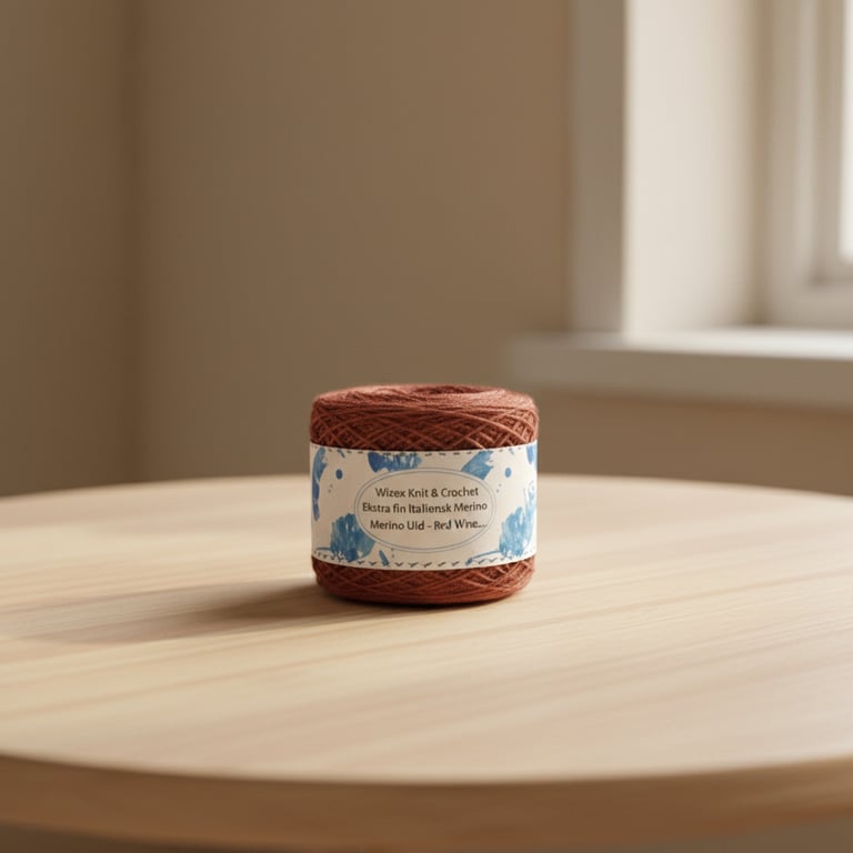Et nøgle garn i rød vin farve med etiketten "Wizex Knit & Crochet Ekstra fin Italiensk Merino" placeret på et lyst, rundt bord ved siden af et vindue.