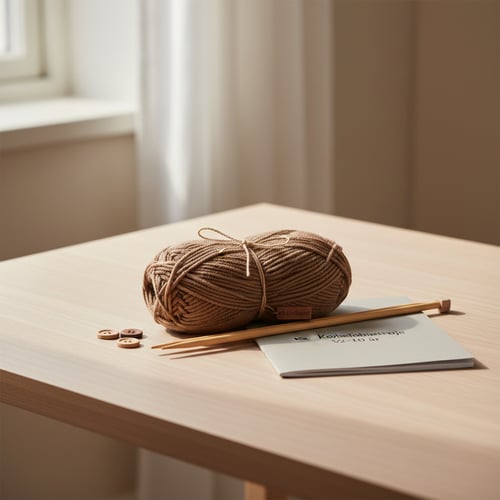 Brunt garnnøgle, strikkepinde, knapper og en hæftebog på et lyst træbord i blødt dagslys. (4)