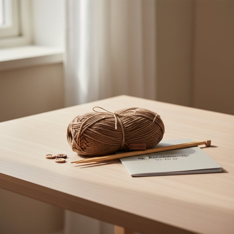 Brunt garnnøgle, strikkepinde, knapper og en hæftebog på et lyst træbord i blødt dagslys. (4)