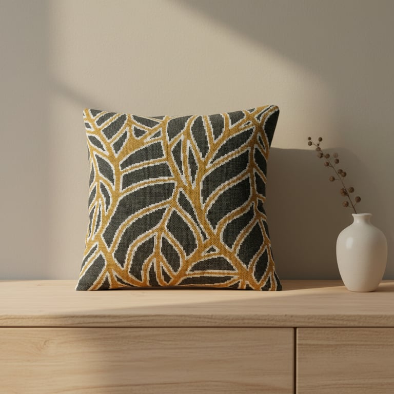 Dekorativ pude med abstrakt bladmønster i gule, sorte og hvide farver placeret på lys trækommode ved siden af hvid vase med tørret gren.