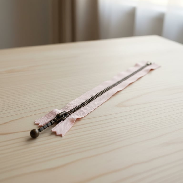 En lyserød lynlås med metal-tand på et lyst træbord.