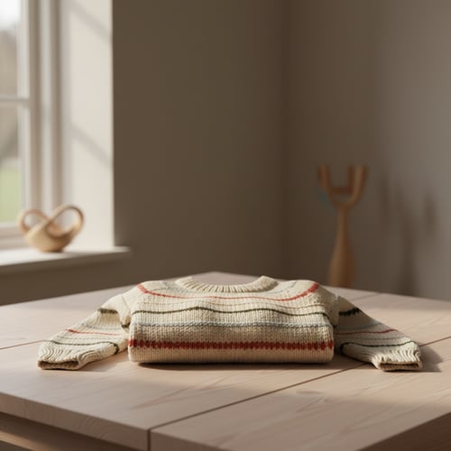 Sammenfoldet, stribet sweater på et lyst træbord i et sparsommeligt indrettet rum med blødt dagslys fra et vindue. (6)
