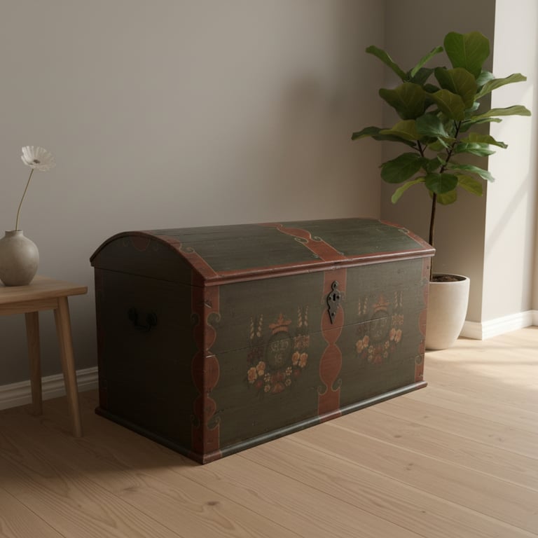 Antikmalet trækiste med buet låg og blomsterdekorationer, placeret på lyst trægulv mellem et lille bord med vase og en grøn potteplante i et lyst rum.