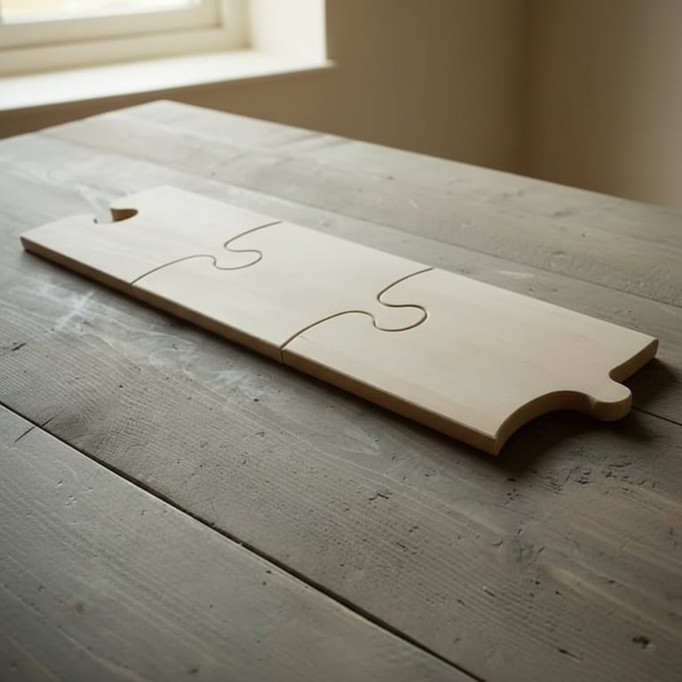 Tre sammenhængende puslespilsbrikker i lyst træ lagt på et rustikt bord ved et vindue.