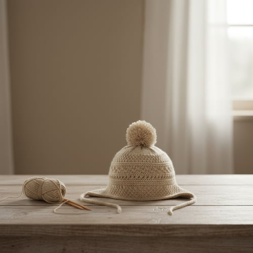 En hæklede beige hue med pompon og bindebånd på et lyst træbord ved siden af en nøgle af garn og hæklenåle i et lyst rum. (1)