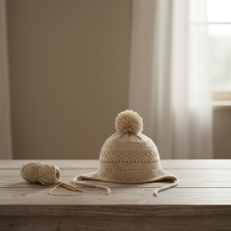 En hæklede beige hue med pompon og bindebånd på et lyst træbord ved siden af en nøgle af garn og hæklenåle i et lyst rum.