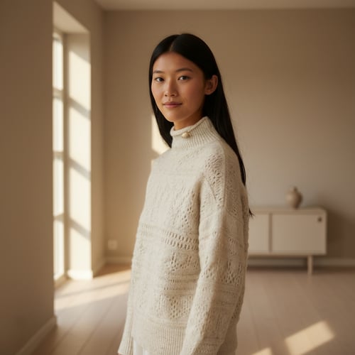 Ung kvinde med langt mørkt hår iført en lys, strikket sweater står i et lyst, minimalistisk rum med trægulv og vinduer, der lader sollys strømme ind. (3)