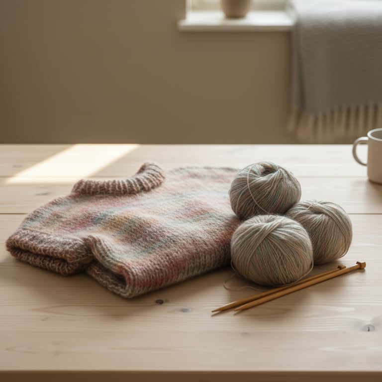 En blød, strikket trøje lagt fladt på et lyst træbord med tre nøgler garn og to strikkepinde ved siden af, i et lyst rum med naturligt lys. (5)