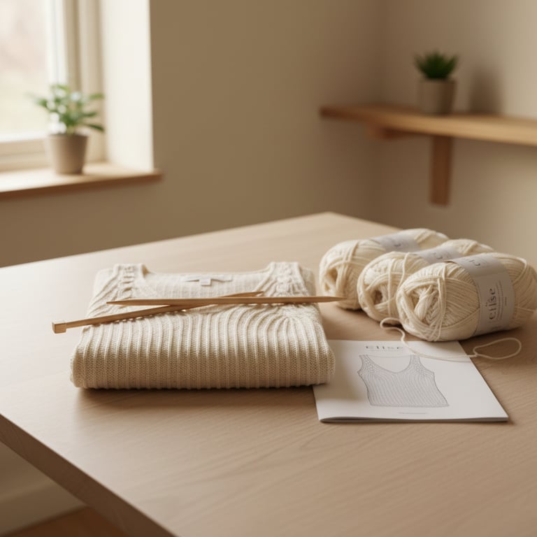 Foldet, cremefarvet striktrøje med strikkepinde, garnnøgler og en opskrift på en strikket top på et lyst træbord i et lyst rum.