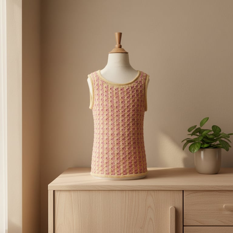 Strikket ærmeløs top i lyserød og gul på en mannequin stående på et lyst træbord ved siden af en lille grøn plante i en grå potte. (5)