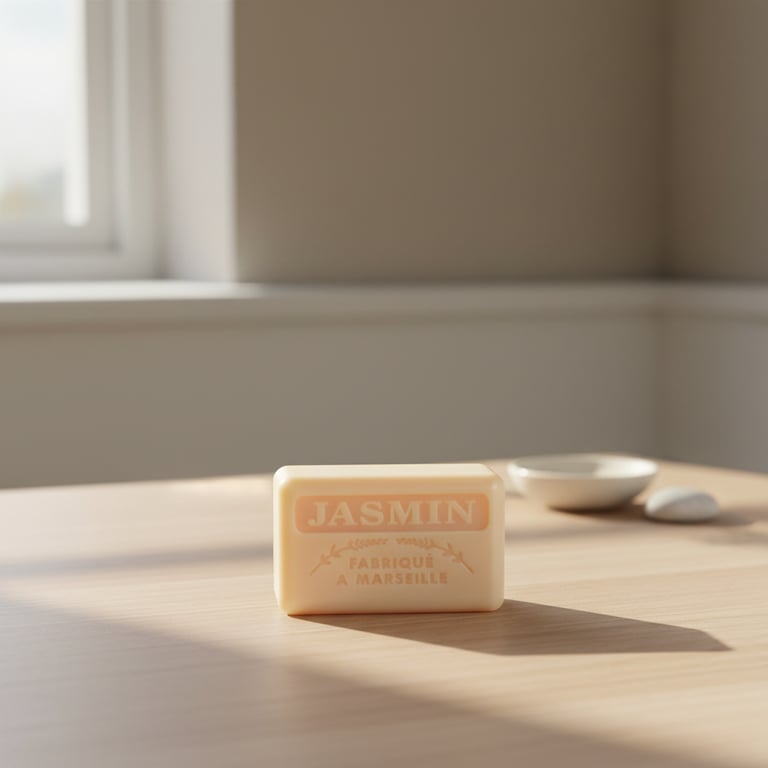 En sæbebar med teksten "JASMIN" og "FABRIQUÉ À MARSEILLE" står på et lyst træbord i blødt, naturligt lys med en skål og en sten i baggrunden.