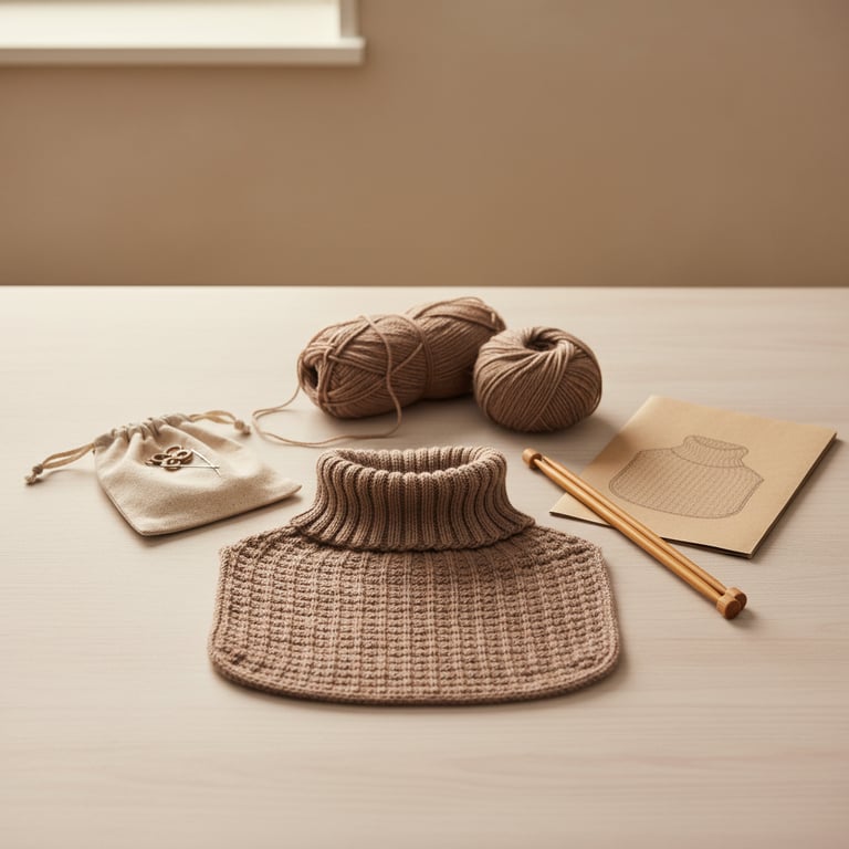 Strikket beige krave med høj hals, to nøgler garn, strikkepind, mønsterark og en lille pose med maskemarkører på lyst bord.
