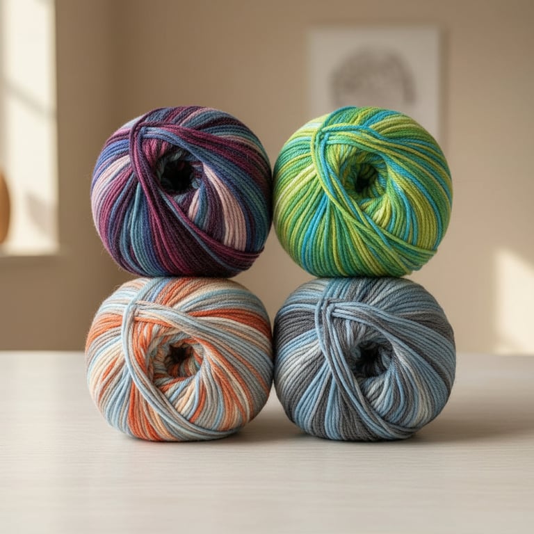 Fire farverige garnnøgler i blå, grønne, lilla og orange nuancer stablet to og to på en lys bordplade i blødt lys. (5)