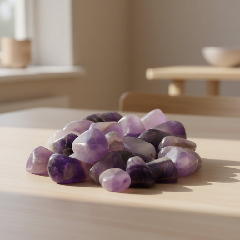 En bunke af polerede lilla og hvide ametyststen på et lyst træbord i et lyst rum.