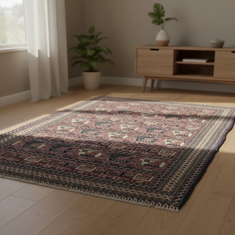 Tæppe med traditionelt mønster på lyst trægulv i stue med lyst gardin, skab i træ og grøn plante i potte.