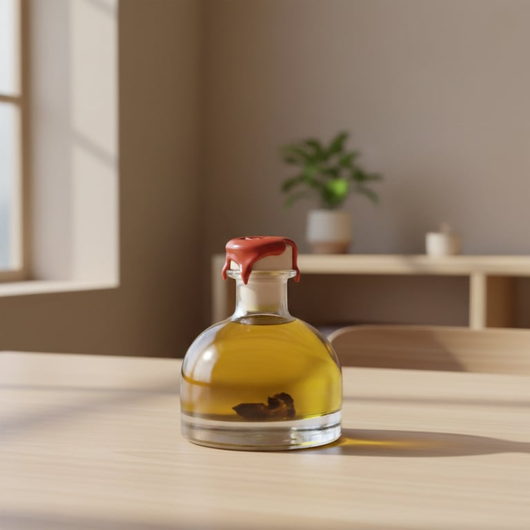 Lille rund glasflaske med gul væske og rød voksforsegling placeret på træbord i lyst rum med vindue og grøn plante i baggrunden.