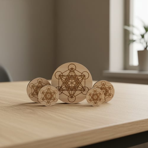 Fem runde træfigurer med indgraverede geometriske mønstre står på et lyst træbord i et lyst rum med et vindue og en plante i baggrunden. (2)
