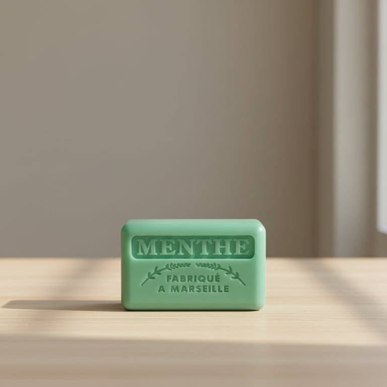 Grøn sæbebar med indgraveret tekst "MENTHE FABRIQUÉ À MARSEILLE" placeret på en lys træbordplade med blødt naturligt lys.