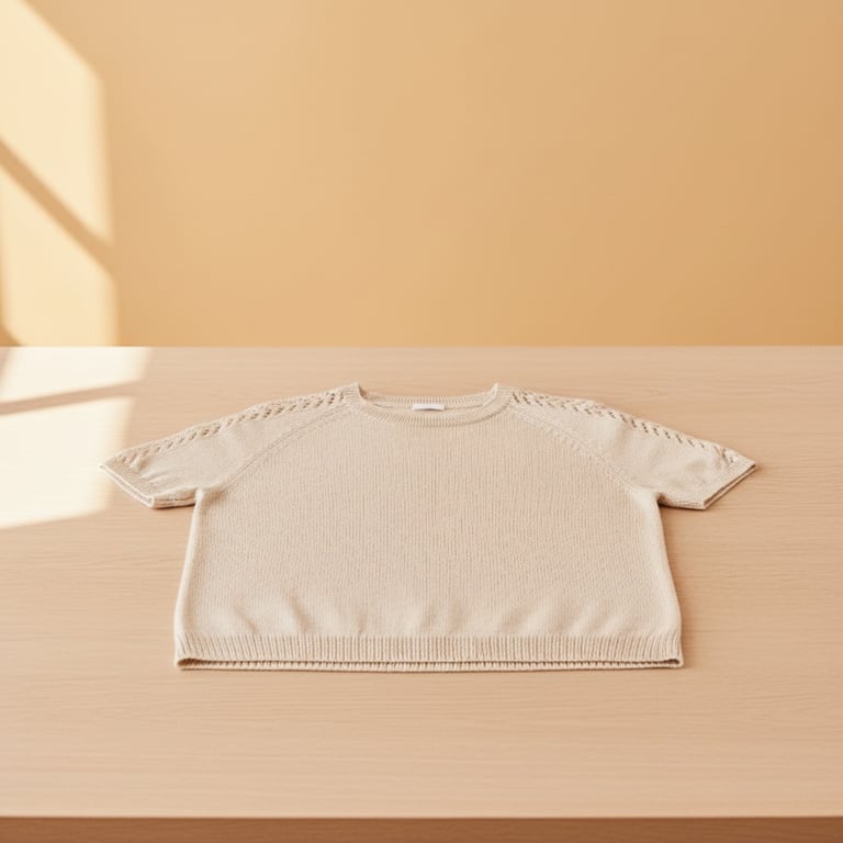 Beige strikket kortærmet sweater lagt fladt på et lyst træbord med blødt sollys, der skinner fra venstre side. (3)