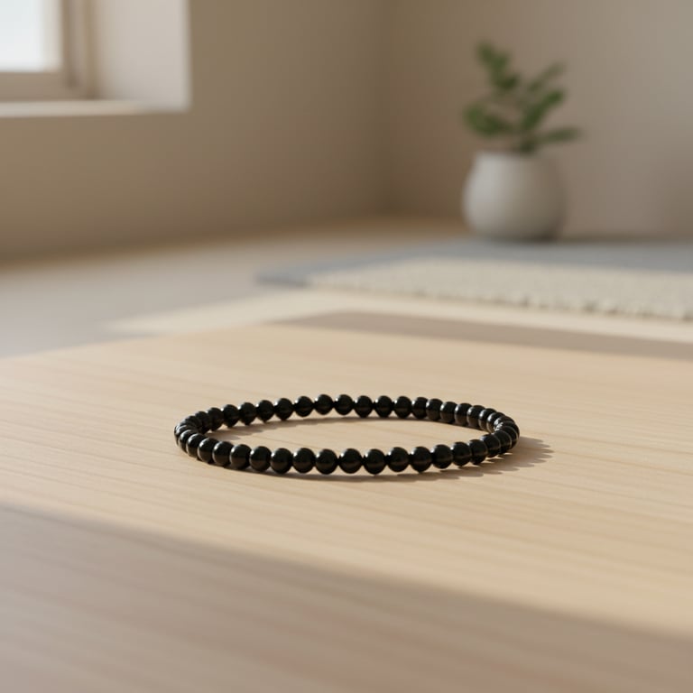 Sort perlearmbånd lagt på lyst træbord i et lyst rum med sløret plante i baggrunden.