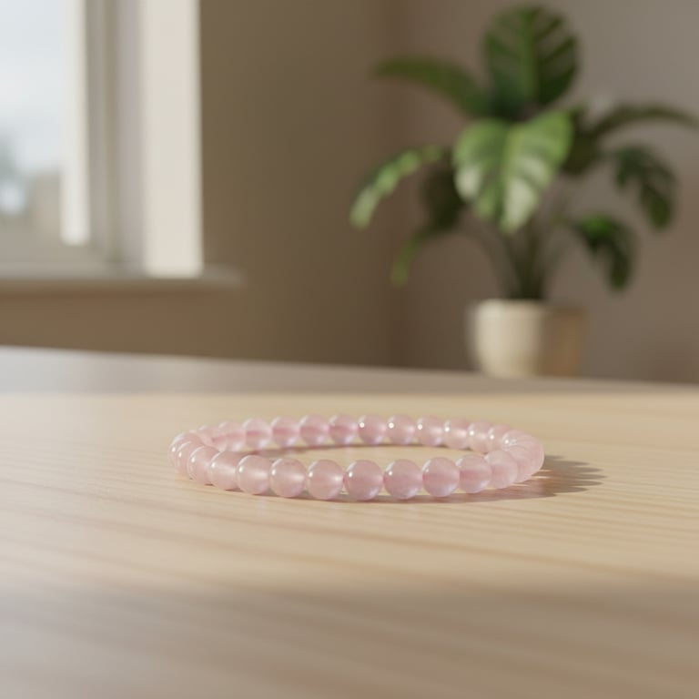 Lyserødt perlearmbånd lagt på et lyst træbord med en sløret grøn plante i baggrunden.