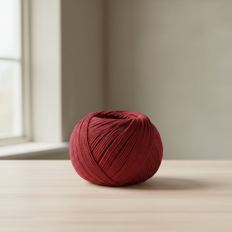 En kugle af mørkerødt garn placeret på et lyst træbord med en vindue i baggrunden. (11)