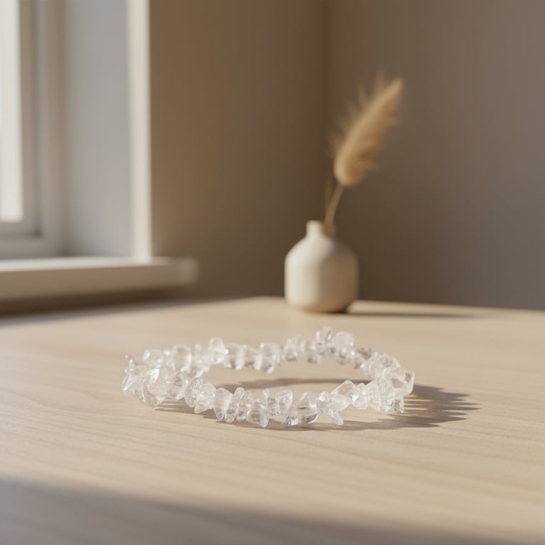 Krystalarmbånd med transparente sten lagt på lyst træbord, med en vase og tørret blomst i baggrunden ved vindue.